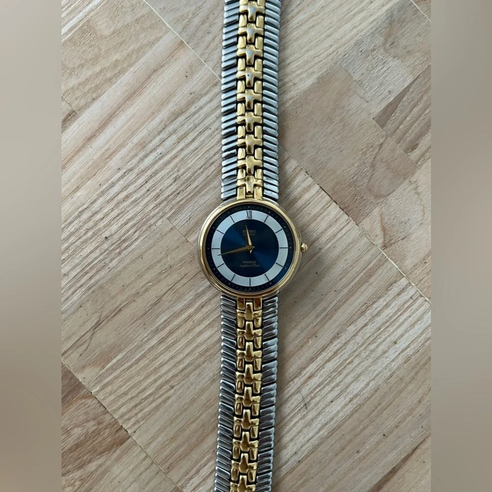 Seiko Phoenix Rare Vintage Watch Blue and Pearl Dial Two-Tone Bracelet Stunning
